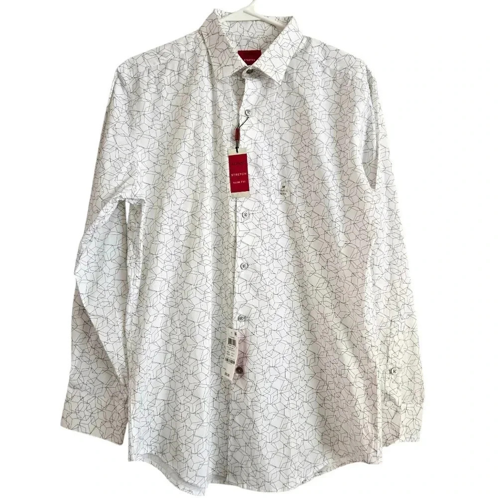 Alfani Men's Triangle Dot Button Up Dress Shirt Slim Fit White Size M  #008